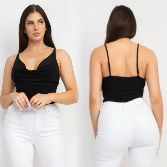 Tops - Black draped silky polyester bodysuit classy chic